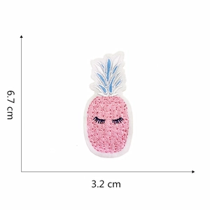 Pink pineapple embroidery patch with blue leaves and cute eyelashes, 6.7x3.2 cm