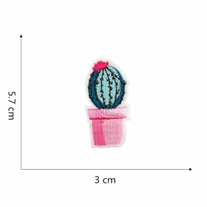 Detailed embroidery patch featuring a blue cactus in a pink pot with size dimensions