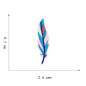 Detailed view of colorful feather embroidery patch measuring 9.7 cm by 2.6 cm