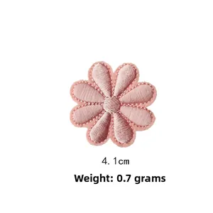 Close-up of pink embroidered daisy flower patch with fine stitching and 4.1cm diameter
