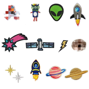 Space exploration themed high-density embroidered patches featuring astronauts and rockets