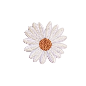 Exquisite white daisy flower embroidery patch with orange center for clothing decoration