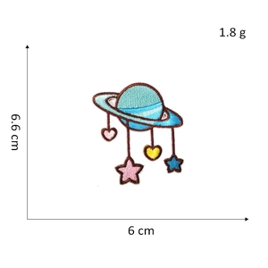 Cartoon space bear and planet embroidery patch with size dimensions 6.6cm by 6cm