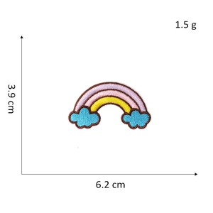 Close-up of rainbow cartoon embroidery patch with cloud showing precise size and dimensions