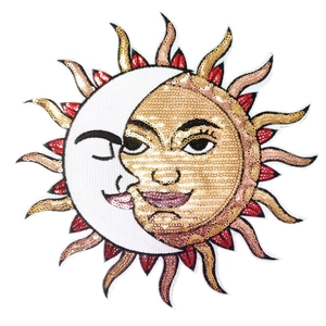 Large sun and moon sequin embroidery patch with gold and white glitter details