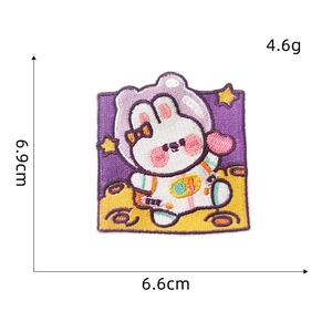 Detailed embroidery patch showing a rabbit astronaut on moon with 6.6x6.9cm dimensions