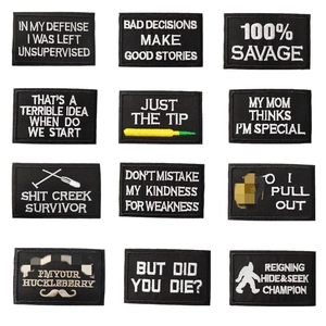 Set of 12 tactical embroidered patches with humorous English quotes for clothes