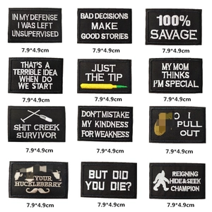 Detail view of 12 tactical embroidery patches with white text on black background