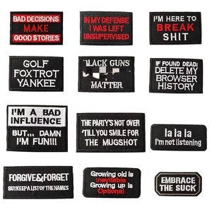 Set of 12 tactical embroidered letter patches with humorous slogans for clothing