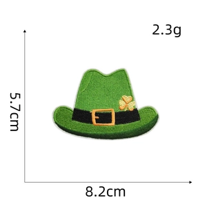 Detailed view of St. Patrick's Day green hat embroidery patch with dimensions 8.2x5.7cm