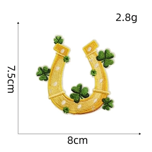 Lucky golden horseshoe embroidery patch with green four-leaf clover motifs, 8x7.5cm