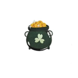 Embroidered green St. Patrick's Day pot of gold patch with shamrock and golden coins