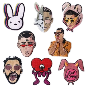 Detail shot of Bad Bunny embroidery patches set with colorful embroidery textures