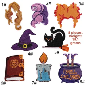 Detailed embroidery of Hocus Pocus Sanderson sisters patches with I Smell Children text