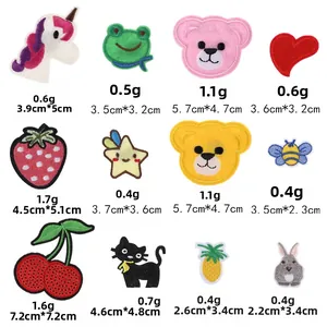 Detailed view of various cartoon embroidered patches with weight and size specifications