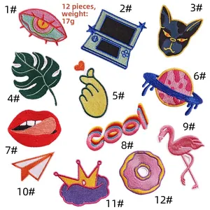 Close-up of 12 assorted colorful embroidered patches including animals and trendy icons