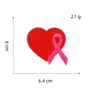 Red embroidered heart patch with pink ribbon showing dimensions 6.4cm by 6.0cm