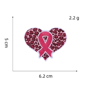 Pink leopard print heart patch with breast cancer awareness ribbon, 5cm x 6.2cm size