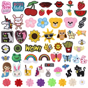 Variety of colorful embroidered cartoon patches with animals, flowers and fruits patterns