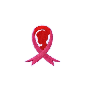 Pink ribbon embroidery patch with red female silhouette for breast cancer awareness