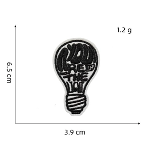 Macro detail of bulb embroidery patch showing 6.5x3.9cm size and 1.2g weight