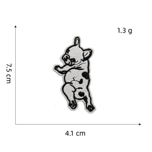 French Bulldog embroidered patch measuring 7.5cm by 4.1cm with black and white spots
