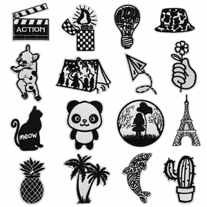 Polyester Thread Black And White Embroidered Patches For Clothing DIY Iron On Patches Sew On Badges For Backpack Hats Multiple Patterns