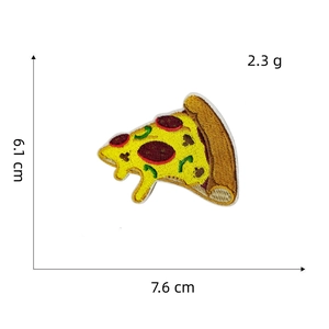 Detailed embroidery patch showing a pizza slice with dimensions 7.6cm width and 6.1cm height