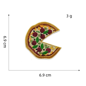 Detail of pizza embroidery patch showing 6.9cm size measurements and texture