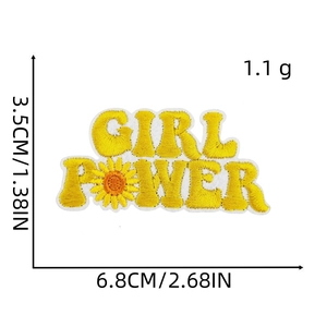 Detailed view of Girl Power embroidered sunflower patch with dimensions 3.5cm by 6.8cm
