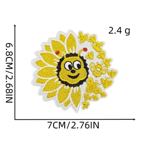 Detailed embroidery view of bee sunflower patch with size 7x6.8cm dimensions