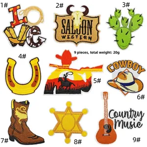 Close-up of nine unique Western cowboy theme embroidered patches with detailed stitching