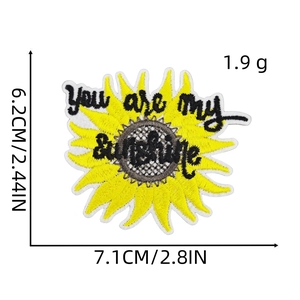 Detail of sunflower embroidery patch with You are my sunshine text and dimensions