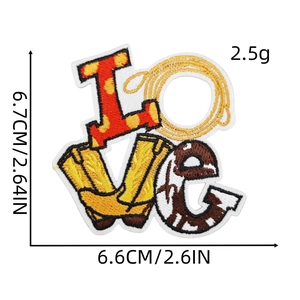Western style LOVE embroidered patch with cowboy hat, boots and cow print texture design