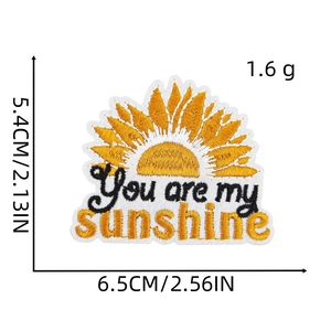 Detail view of sunflower embroidery patch with You are my sunshine text and dimensions