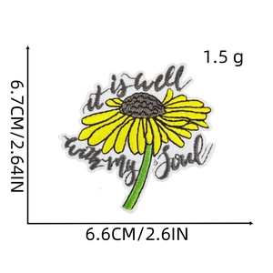 Detail view of sunflower embroidery patch with exact size and weight measurements