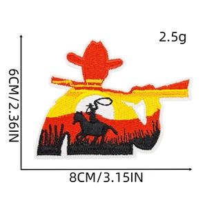 Detail showing western cowboy embroidery patch with 8x6cm size and 2.5g weight info