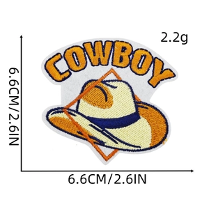 Detail view of COWBOY embroidery patch showing 6.6cm dimensions and 2.2g weight