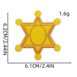 Detail view of yellow star patch with precise dimensions 6.1cm x 6.2cm and embroidery texture