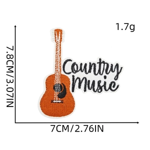 Detailed view of guitar embroidery patch with Country Music text and size measurements