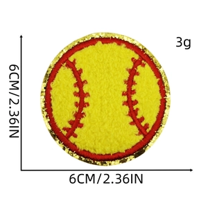 Macro detail of a 6cm yellow softball chenille patch with red stitching and gold sequins