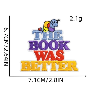 Detail view of colorful bookworm embroidery patch with size measurements 7.1cm x 6.7cm