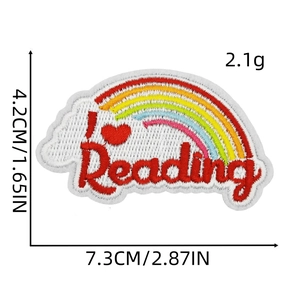 Macro shot of I Love Reading rainbow embroidery patch with precise size dimensions