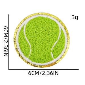 6CM Chenille tennis ball patch with lime green fluffy texture and gold glitter border