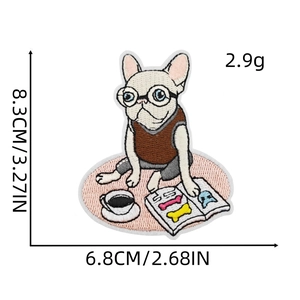 Detail of cartoon bulldog embroidery patch with precise dimensions 8.3x6.8 cm shown on white