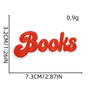 Detailed view of red embroidered Books patch with white border and precise size marking