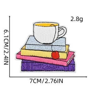 Colorful embroidered stack of books patch with teacup, 7cm wide for laptop decor