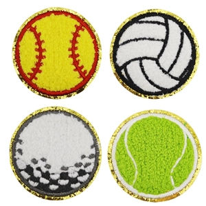 Set of four chenille sports ball patches including baseball and tennis with gold sequins
