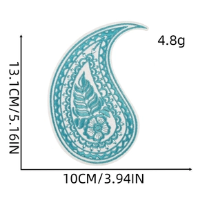 Blue Paisley embroidered patch detail showing dimensions of 13.1cm height and 10cm width