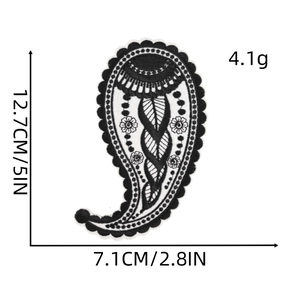 Black and white Paisley embroidery patch with precise dimensions 12.7cm by 7.1cm